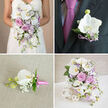 This detailed four-part collage presents a harmonious collection of wedding flowers that look as though they've just been delivered to a stylish venue near Brent Cross shopping centre. The top-left panel captures a bride in a white strapless dress from the shoulders down, her hands wrapped around a lavish cascading bouquet. White phalaenopsis orchids arc outward and downward, mingling with blush pink garden roses, soft lavender accents, and delicate clouds of baby's breath. The greenery is gently trailing rather than dense, adding movement and a sense of quiet luxury, as though she is about to step out for photographs in nearby Gladstone Park. In the top-right panel, the focus shifts to the groom's charcoal-grey suit. Pinned neatly to his lapel is a refined boutonniere: a single white phalaenopsis orchid framed by small lavender filler flowers and crisp green leaves, the stems wrapped in a narrow purple ribbon that picks up the magenta tones of his tie. The bottom-left image moves to a flat lay perspective, showing a boutonniere resting on pale textured fabric. Here, a white orchid bud is paired with sprigs of white baby's breath and a hint of greenery, gathered in a bright pink ribbon that adds a joyful pop of colour, perfect for groomsmen lining up outside a ceremony near Hendon Way. The bottom-right panel showcases a large cascading centerpiece in a white woven vase, echoing the bridal bouquet's flowing lines. White orchids, pink and lavender roses, small purple filler blooms, and baby's breath spill gracefully over the edge, accompanied by three white woven decorative spheres, creating a cohesive, romantic scene that reflects careful, experienced floral design.