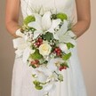 Seen from mid-torso, a bride in Brent Cross stands against a gentle, neutral backdrop, her hands encircling a generous, cascading bouquet that effortlessly commands attention. The bouquet radiates a blend of tradition and playful vibrancy: splendid white oriental lilies stretch outward, their wide petals softly dappled, and a plush rose, pale cream and elegantly swirled, glows at the heart. Sprays of lime-green cushion mums peek cheerfully amid the other flowers, while bright red hypericum berries sparkle in between-pops of colour that feel instantly festive, much like the dynamic markets or music-filled events characteristic of Brent Cross. Cascading downward, flawless white phalaenopsis orchids ripple in a gentle procession, enhancing the bouquet's movement and romantic allure. Baby's breath hovers over the arrangement like tiny puffs of cloud, softening each edge, and slender wisps of grass-like foliage frame the creation with energy and life. A subtle flash of ribbon near the bride's hands hints at tradition, anchoring the bouquet. This floral design, true to the spirit of North West London, masterfully combines timeless elegance and modern style-a choice bouquet for local brides, featured in discussions about bridal trends, event design, and North London weddings alike.