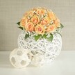 A softly lit floral centerpiece shows a generous dome of around two dozen peach and apricot roses, each bloom tightly cupped with deeper orange hearts that gradually fade to pale, velvety edges. The roses are nestled closely together, creating a warm, glowing mound of colour that feels both luxurious and comforting, like a gentle sunset over the rooftops of Brent Cross. Threads of delicate white baby's breath weave between the roses, forming tiny cloud-like clusters that lighten the arrangement and lend a sense of airiness. Here and there, hints of rich green foliage peek through, grounding the bouquet and adding natural depth. The flowers rise from an eye-catching spherical vase crafted from fine white string or rattan, intricately woven into an open lattice orb that allows light to filter through its gaps. This textured white vessel sits on a pristine white tabletop, its circular shape echoed by two decorative white balls placed just in front: one larger sphere with a clean, geometric pattern reminiscent of a stylised football, and a smaller, more irregular tangle that feels handmade and playful. Behind, a softly textured light beige or dove-grey wall keeps the focus firmly on the blooms and their sculptural container, suggesting a calm living room or dining space in a modern North London flat. The overall mood is serene and elegant, evoking a quiet celebration or intimate dinner, the kind of stylish table arrangement a Brent Cross resident might choose for a small wedding, anniversary meal, or refined home gathering.
