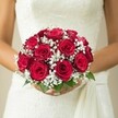 A celebration of tradition and romance comes alive in this close-up: a bride from Brent Cross lovingly cupping a lush, rounded bouquet filled with classic red roses. Each rose is velvety and rich, the petals shaped in generous spirals and layered for opulent depth, recalling the timeless charm of area landmarks. Snowy white gypsophila peeks through the ensemble, their delicate tiny blooms softening the visual impact and lending a whisper of airy lightness-much like a gentle breeze in Golders Green parklands. Vivid green leaves beneath the roses bring a crisp dash of natural freshness, echoing the well-kept gardens and welcoming outdoor spaces across Brent Cross. The bride's hands, adorned with immaculately groomed nails, gently cradle the bouquet just above an intricately textured wedding dress-perhaps echoing lace patterns found in beloved family heirlooms and boutiques just off the High Road. Soft beige and cream tones in the background focus the eye on the central artistry and heartfelt intent of both bouquet and bride. This scene reflects the spirit of North West London weddings-a fusion of elegance, craftsmanship, and heartfelt celebration, perfect for those seeking floral inspiration or advice on creating unforgettable bridal moments in Brent Cross.