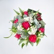 Captured from a top-down view against a pure white background, this lush, rounded bouquet glows with shades of hot pink, white, and fresh green, like a little celebration laid out on a florist's bench in Brent Cross. At the heart of the design, large, frilled hot pink carnations form generous clusters, their many ruffled petals creating a rich, almost velvety texture that seems to billow outward. Nestled between them are deep pink and fuchsia roses, some fully open to reveal elegant spiral centers, others still in tighter bud, suggesting blooms that will unfurl over the next day or two. Scattered throughout are small white daisy-like spray chrysanthemums, each flower forming a soft, cushiony mound that lightens the arrangement and adds a cheerful brightness. Airy sprigs of white baby's breath weave between the larger flowers, lending an ethereal, cloud-like softness. Slender white buds, likely alstroemeria or another lily-like bloom, rise here and there, introducing a touch of refined elegance and gentle movement. The whole bouquet is anchored by abundant greenery: cool, rounded eucalyptus leaves in a silvery green that catch the light with a subtle sheen; long, bright green blades that arc and curl for a hint of natural wildness; and darker, broader leaves, probably folded aspidistra, cleverly shaped to form a neat, collar-like frame. The crisp lighting enhances every hue, making the pinks vivid and the whites luminous, as though placed by a window overlooking the shops and busy roads near Brent Cross Shopping Centre. The overall mood is joyful and affectionate, the kind of hand-crafted gift you might send to celebrate a birthday, share congratulations, or simply lift someone's spirits on an ordinary day in North West London.