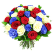 This image showcases a sumptuous, spherical bouquet of roses in a patriotic trio of deep red, soft white, and vibrant royal blue, meticulously arranged into a compact, domed shape. The roses are so tightly gathered that the viewer sees almost nothing but petals-velvety, layered, and richly textured-forming a plush floral surface. The red roses radiate warmth and intensity, with some blooms only beginning to open and others revealing more of their spiralled centres. The white roses introduce a calm, luminous contrast, ranging from crisp white to a gentle cream, while the royal blue roses bring a bold, almost regal accent that immediately draws the eye and gives the composition a modern edge. Slim, dark green leaves slip between the blooms, their glossy surfaces adding depth and a touch of natural movement. At the bottom, a neat, hand-tied cluster of stems emerges, cut evenly and held closely together, reinforcing the sense of professional floral design. The clean white background removes any distractions, allowing the rich tri-colour roses and their perfectly rounded silhouette to take full focus. This bouquet feels both celebratory and solemn, making it an ideal tribute for patriotic events, remembrance ceremonies, or meaningful family occasions in and around Brent Cross-perhaps placed in a living room off Finchley Road, used to dress a table near Brent Cross Shopping Centre, or brought along as a respectful gesture to a gathering in nearby West Hampstead. The arrangement communicates unity, remembrance, and heartfelt admiration through the timeless elegance of carefully arranged roses.