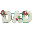 A dignified, hand-crafted funeral tribute spells the word DAD in large, three-dimensional letters, set against a clean white backdrop so every detail reads clearly. Each letter is densely carpeted with hundreds of pristine white chrysanthemums, their cushiony heads forming a continuous, cloud-like surface that suggests purity and calm. The letters are crisply outlined on both outer and inner edges with a pleated, emerald green ribbon that gives a cool, structured frame to the softness of the blooms, while a subtle dark green-grey support bar runs horizontally behind the letters to anchor the piece for display. Carefully placed accent clusters bring a touch of personal warmth: rich magenta roses in varied stages of opening sit with slender white freesia and glossy dark foliage. The first D is embellished on its upper left curve, the A carries a graceful cluster tucked into the lower V, and the final D mirrors the first with its arrangement on the upper right curve - a thoughtful composition that balances colour and sentiment. Under soft studio lighting the textures read vividly, the chrysanthemums' delicate petals contrasting with the velvety rose blooms and the freesia's faint citrus-sweet scent. This arrangement reads as a quiet, loving farewell - suitable for a chapel service, graveside or funeral hall - and speaks of respect, remembrance, and familial affection. As a local Brent Cross floristry option, it also reflects the careful craftsmanship available for memorials across the NW11 area, made to sit respectfully beside an order of service or on a commemorative stand at a service near Staples Corner or Brent Cross Shopping Centre.