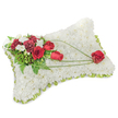 A dignified rectangular sympathy pillow, composed entirely of hundreds of small, pristine white chrysanthemum blooms, sits photographed against a soft white surface. The chrysanthemum mass is densely packed to form a plush, cloud-like texture that suggests rest and purity; each tiny petal overlaps like woven fleece, creating a gentle, even plane. Around the slightly rounded edge a slim band of light green ribbon or foliage peeks out, tracing the pillow's silhouette and giving the piece a neat, finished frame. On the upper left, an artful spray of deep, velvety red roses and burgundy carnations rises in layered contrast: some roses are tightly furled, others open to reveal their classic spirals, while the carnations add ruffled depth and a richer, almost wine-coloured tone. Scattered among the reds are clusters of small white accent blooms-likely freesias or spray chrysanthemums-that lift the composition with delicate points of brightness. Lush greenery underpins the spray, with feathery fern fronds and broader leaves creating a dark, verdant backdrop. From that top cluster, three slender arcs of bright green bear-grass sweep diagonally toward the lower right, their graceful lines directing the eye and suggesting movement across the pillow. A single, perfectly formed red rose rests at the trail's end, appearing gently cradled by the arcing foliage and symbolising enduring love. The overall presence is calm and respectful, with a faint floral scent of rose and fresh green cut stems; the arrangement reads as a classic funeral or memorial cushion intended to offer comfort, dignity, and heartfelt remembrance.