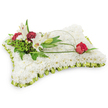 A tender, rectangular pillow-shaped floral tribute presented against a clean white background, crafted to read as both a soft cushion and a calm gesture of farewell. The entire surface is densely covered in tiny, pristine white chrysanthemums whose tightly packed petals create a plush, cloud-like texture you can almost imagine resting a hand upon; the flowers are arranged so the eye reads uninterrupted white, a visual and tactile symbol of peace. A pleated border of pale lime-green satin ribbon frames the cushion like a delicate frill, the soft sheen catching gentle studio light to add a hint of fresh colour without disturbing the quiet mood. On the upper left, a naturalistic cluster forms the focal point: two white Oriental lilies open to reveal warm yellow stamens, a graceful closed bud, and deep burgundy spray carnations whose saturated tones give weight and contrast. Lush green foliage-feathery fern fronds and broader glossy leaves-backs the cluster and provides depth, the greens anchoring the whites and reds. From that left grouping a slender arch of natural salal leaf or decorative green wire curves across the cushion toward the right, ending in a single, deep red rosebud poised just beginning to unfurl-a small, poignant symbol of enduring love. The arrangement's palette of pure white, soft green and rich red reads as respectful and consoling, suitable for a funeral or memorial service in Brent Cross, whether placed at a chapel near Brent Cross Shopping Centre or sent to a family home in Cricklewood. As a local florist would note, the composition balances texture, line and colour to convey calm, remembrance and gentle presence for those saying goodbye.