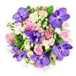 Set against a clean white background and photographed from directly above, this bouquet appears as a lush, perfectly rounded cluster of flowers, berries, and foliage, like a living work of art placed on a Brent Cross table ready for celebration. The most dramatic accents are the Vanda orchids, with their wide, smooth petals dyed in deep purple tones and patterned with darker violet veining that creates a distinctive, dappled effect. These exotic blooms stand out clearly among the softer elements, giving the arrangement a touch of high-end, contemporary flair. Encircling the orchids is a generous gathering of roses in blush pink, delicate pastel, and creamy white. Each rose contributes a slightly different shape and stage of unfolding: some with tight, spiralled hearts, others with fully open, layered petals that ripple outward like fabric. Threaded between the roses, small white cluster flowers-resembling tiny asters or daisy-like blooms-add flecks of brightness and a light, airy feel that balances the richer colours. Creamy white Hypericum berries appear at intervals, smooth and rounded, like little pearls nestled among the petals. The bouquet is completed by an abundant collar of deep green foliage, leaves glossy and fresh, offset by soft, silvery-green fronds that bring a gentle, cool contrast. The impression is both luxurious and approachable, as if created for a dinner party near Brent Cross Underground or a thoughtful same-day delivery to someone special in NW2 or NW11. Ideal for birthdays, engagements, or simply to lift someone's spirits, this arrangement conveys tenderness, sophistication, and the quiet joy of fresh, expertly arranged flowers.