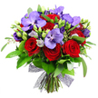 Bathed in soft morning light, this exuberant bouquet commands attention against a clean white backdrop. The full, rounded arrangement places deep red roses at its core, their velvety petals spiraling with timeless elegance, while purple Vanda orchids unfurl in broad, satin-like arches, their surfaces dusted with tiny darker purple speckles that catch the eye. Interlacing the focal blooms are lisianthus in pale lilac-the buds snug and almost silvery in tone-adding gentle movement and a whisper of romance. Verdant greenery fills the gaps with confidence: broad, glossy leaves for grandeur, and slender sprays that echo a eucalyptus kinship, lending a natural, garden-fresh feel. Fresh green buds poke through the arrangement, some pointed, others rounded, signaling vitality and growth. Fine pale-green filler blooms weave through the stems, granting texture and airiness to the composition. The stems are bound at the base with a decorative dark mesh ribbon, near-black with a hint of plum, forming an airy bow that is equally chic and timeless. This celebratory bouquet is a versatile gift, ideal for anniversaries, engagements, or festive milestones, and it has a refined presence that suits both intimate gatherings and grand occasions around Brent Cross and NW4. Ready for sashaying into a room or landing on a kitchen table, the arrangement carries the promise of freshness and care-built by a local team who knows the neighbourhood, meets deadlines, and brings a touch of luxury to everyday life.