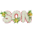 A carefully sculpted three-dimensional tribute spells out the word SON in bold block letters, each letter formed from hundreds of small, pristine white chrysanthemum blooms that create a soft, cloud-like surface. The arrangement sits against a plain white backdrop so every petal, shadow and contour reads clearly: the chrysanthemums' uniform white creates a tranquil, almost luminous field, their slightly ruffled textures catching a cool, diffuse light that suggests early morning or subdued chapel lighting. Around the perimeter of each letter a continuous red ribbon is looped into delicate scallops, the ribbon's satin sheen providing a vivid, warm counterpoint to the white blooms and lending the piece a feeling of love, courage and remembrance. Nestled within the composition at the upper left of the S, at the base of the O and at the upper right of the N are three lime-green Cymbidium orchids; their waxy petals and pale orange-reddish throats read as small, luminous beacons against the chrysanthemums, while clusters of glossy green leaves and fine fern fronds trail and lift to give the letters height and organic movement. The orchids' cool, tropical scent is suggested more than asserted-an elegant, almost meditative note among the soft floral musk of the chrysanthemums. This is a design crafted for memorial services or graveside tributes, its quiet palette and careful detailing conveying respect and deep affection for a son. As a local florist familiar with Brent Cross and nearby Hendon and Cricklewood, I picture this arrangement on a service table near the shopping centre or carried slowly from the hearse, its understated dignity balanced by the bright red ribbon and the fresh green orchids.