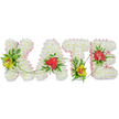 The image features a carefully crafted funeral flower arrangement spelling the name KATE in strong, upright capital letters, set against a simple white background that enhances their clarity. Each letter is formed from a dense mass of white chrysanthemums, closely packed so their small petals create a soft, plush surface that feels calm and dignified, like a gentle cloud of flowers. Around the outline of each letter, a narrow pale pink satin ribbon is neatly frilled, framing the blooms and giving the tribute a tender, feminine touch without detracting from its formality. Within and around the sea of white petals, skilled touches of colour bring warmth and meaning. On the K and the T, lime-green cymbidium orchids with deep red centres are tucked amongst glossy dark green leaves and light fern fronds, standing out as elegant, exotic highlights. The A and E are each graced with a single red anthurium, its heart-shaped, waxy bloom glowing like a symbol of enduring love and heartfelt farewell. Slender green vines drift and curl across the letters, visually joining them together and adding a sense of natural movement and unity. The tribute feels both structured and softly flowing, an expressive floral name design that would be at home in a funeral or memorial setting around Brent Cross, whether in a chapel, crematorium, or family gathering space. It captures the kind of personalised, carefully considered arrangement local families might request when honouring someone called Kate with flowers that speak quietly but clearly of love and remembrance.