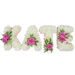 A softly luminous, bespoke floral tribute spells out the name KATE in four sculpted, three-dimensional letters, each lovingly built from hundreds of small, pristine white chrysanthemums. Up close the surface reads like a cloud of tiny petals, densely packed so the letters feel solid to the eye yet soft to the touch, their round chrysanthemum heads creating a quietly plush texture. A pale pink satin ribbon traces the inner contours of every letter, its sheen catching gentle studio light and lending a feminine, almost heirloom edge. Strategic clusters of hot pink roses punctuate each letter - two roses on the left arm of the K, a single full bloom set low in the A, a solitary vivid rose grounding the base of the T, and a pair of bright roses accenting the right of the E - all nestled into variegated green leaves, fern-like fronds, and sprigs of delicate pink alstroemeria and spray blooms. The arrangement sits freestanding against a clean white background; subtle shadows beneath each letter emphasise depth and make the composition read as a dignified memorial display. There is a faint, comforting scent of rose and fresh green foliage that suggests a soft, respectful presence rather than something overtly floral. As a local florist familiar with Brent Cross and nearby Hendon Park, I imagine this piece held near a service table or placed at the foot of a memorial - a tactile, personal tribute that conveys tenderness, remembrance, and the careful hand of an experienced maker attentive to both colour and sentiment.