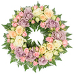 In this image, a generous circular memorial wreath is shown against a bright white background, allowing every nuance of flower and foliage to stand out clearly. The wreath is entirely composed of roses in gentle, muted tones, nestled into a base of dark green fern greenery, forming a complete, unbroken circle that speaks of eternity and unending love. Large ivory and creamy white roses, fully open, are placed rhythmically around the ring, their layered petals creating soft, rounded forms that feel calm and reassuring. Among them, roses in pale peach and buttery yellow introduce a warm glow, subtly brightening the design without disturbing its tranquillity. Smaller blush pink spray roses are threaded delicately through the composition, appearing as tiny buds and miniature opened blooms that add intricate detail, like small notes of affection woven into the tribute. Dusty lavender and muted mauve roses provide a gentle contrast, their slightly vintage colouring enhancing the wreath's thoughtful, reflective mood. Behind and between all the blossoms, dark green fern fronds spread out in wisps and fans, their feathery leaves emerging from the mass of petals to frame the arrangement and give it depth. The design is evenly balanced all the way around, so that the eye naturally follows the circle in a quiet, meditative loop. This elegant wreath would feel at home at a funeral or memorial service in Brent Cross, whether placed near a chapel entrance or beside a photograph of the person being honoured, offering a serene, beautifully crafted floral expression of sympathy and remembrance.