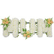 The photograph captures a serene funeral flower arrangement spelling the word MOM in three bold capital letters, arranged horizontally against a pure white background that highlights every detail of the design. Each letter is shaped on a concealed support and fully adorned with closely packed white flowers, most likely spray chrysanthemums, their many small petals overlapping to form a velvety, cushion-like surface. The clean whiteness of the blooms speaks of peace and remembrance, making this tribute a fitting choice for a funeral cortege moving through Brent Cross or a quiet service in a nearby chapel along the Edgware Road. Around the edges of the letters, a slim dark green ribbon and frame can be seen, adding subtle definition and a gentle contrast to the sea of white petals. Three soft-focus accents of colour bring warmth and intimacy to the tribute. Clusters of peach and apricot-toned spray roses, each containing a mix of fully opened flowers and smaller buds, are nestled carefully at key points: one at the upper left of the first M, one at the bottom centre of the O, and one at the upper right of the final M. These clusters sit slightly proud of the white base, surrounded by sprigs of fresh greenery, including light, feathery foliage and more solid, dark leaves that give the arrangement depth and natural movement. The delicate contrast between the serene white chrysanthemums and the gentle peach roses evokes tenderness, gratitude, and fond memories. This handcrafted design feels like a quiet, heartfelt statement from family to a beloved mother, the kind of tribute Brent Cross families often choose when they want flowers to speak softly, yet with real emotion, at a final farewell.