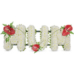 A dignified, three-dimensional tribute spells MOM in bold capital letters, each letter lovingly formed from a dense carpet of small, pristine white spray chrysanthemums. The blooms are chosen for fullness and arranged so the surface reads soft and cloud-like to the touch, yet sturdy and substantial when viewed from the front. Against a clean white backdrop the white chrysanthemums glow in gentle daylight, their faint green eyes and velvety petals creating a peaceful, reverent field. Contrasting this purity are three glossy red anthuriums, their heart-shaped spathes shining with a wet-lacquer sheen and each bearing a pale yellow-to-white spadix that punctuates the composition. One red anthurium crowns the upper left of the first M, a second nestles at the base of the O, and the third mirrors the first on the upper right of the final M; their placement draws the eye across the letters with a steady, sympathetic rhythm. Clusters of deep green foliage-feathery fern fronds and broader glossy leaves-frame each red bloom, while thin arching blades of grass or green stems sweep gently across the white letters to unify the design. A subtle dark green structural frame is visible at the sides and beneath the chrysanthemums, giving the freestanding letters their clean silhouette. As a classic funeral or sympathy tribute, this arrangement balances serenity and warmth, offering a tactile sense of comfort and a clear, personal message of love and remembrance for a mother. Suitable for a chapel service or graveside near Brent Cross, it communicates quiet dignity and enduring affection in moments of farewell.