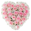 A dense, heart-shaped mosaic of soft pink roses and airy white baby's breath fills the frame, captured against a pristine white backdrop that sharpens every subtle tone and curve. Dozens of pastel roses - from whisper-pale blush at their outer petals to slightly deeper rosy centers - are tightly nestled so their velvety, spiralling forms read as a single, plush surface. The tiny, cloud-like clusters of Gypsophila weave through the roses like fine lace, their bright white pinpoints catching the light and tracing the heart's edge to make its silhouette unmistakable. Bright, even lighting brings out the satiny sheen on each petal and the delicate texture of the baby's breath, while a faint, fresh scent of rose seems almost present, suggesting newly cut stems handled with care. Some blooms sit as neat, furled buds; others are just unfurling, giving the composition a living rhythm and depth that invites a gentle, tactile imagination. The overall mood is one of tender devotion and quiet celebration - perfectly suited for romantic moments, anniversaries, or a wedding detail where understated elegance matters. Reading this arrangement as a florist, one notices the meticulous balance of density and air, the careful placement that preserves the heart shape without appearing mechanical. For locals, it evokes the soft, intimate gestures exchanged in Brent Cross neighbourhood gatherings, whether a thoughtful anniversary gift after a walk around the reservoir or a wedding gesture arriving from nearby streets. The image speaks of classic affection, crafted with technique and sensitivity, radiating a calm, heartfelt beauty that suits any occasion calling for true tenderness.