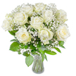 A serene, elegant bouquet fills the frame: roughly a dozen large, fully opened white roses sit at the heart of the arrangement, their velvety petals spiralling outward in soft, satin folds. A few blooms reveal a faint, creamy-yellow tint tucked into their tight centres, lending a quiet warmth to the otherwise pristine ivory faces. Interwoven among the roses are clouds of tiny white gypsophila (baby's breath), each clustered spray forming a diaphanous veil that lightens the composition and creates a gentle, mist-like texture around the larger blooms. Beneath and between the flowers, lush green foliage fans and cushions the heads, leaves of varied shapes and tones adding depth and a natural, living contrast to the pale petals. The stems are neatly trimmed and visible through a simple, clear glass vase with a slightly flared rim; the glass shows the stems submerged in clean water, the vessel grounding the airy top with an understated, classic base. Bright, even lighting washes the scene, making the whites appear luminous and revealing the delicate veins and silky surfaces of each rose petal. There's a soft, floral scent implied-subtle rose with a fresh green undertone-that complements the visual calm. This composition reads as timeless and respectful, an arrangement suited to a wedding altar, a quiet anniversary gift, a sympathy tribute, or a tranquil centrepiece for the home. As a neighbourhood florist I imagine presenting this to someone arriving from nearby Claremont Park or Cricklewood, offering a gesture of comfort, new beginnings, or serene celebration.