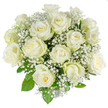 Cradled by soft studio light against a pristine white backdrop, this hand-arranged bouquet is a study in quiet refinement: roughly two dozen freshly opened white roses form a full, dome-shaped cluster, each bloom showing a creamy, tightly furled heart that relaxes outward into brighter, crisp outer petals. I arranged the roses so their spiral centers catch the light, creating tiny points of ivory luminosity across the composition. Interlaced between the larger heads are clouds of delicate gypsophila - baby's breath - whose tiny, star-like blossoms float like a fine mist and lend an ethereal, lacy texture that softens the bouquet's silhouette. Glossy, deep-green foliage peeks through intermittently, framing the white flowers and giving them a cool, natural contrast without distracting from their serene purity. The overall effect is one of weightless elegance and calm: the velvety petals suggest a faint, classic fragrance, the kind that evokes early summer mornings. Composed with an experienced hand, this arrangement reads as both ceremonial and tender - suited to weddings, christenings, anniversaries, or as a respectful tribute at a remembrance service. For neighbours in Brent Cross, Cricklewood and nearby Hendon, this bouquet often becomes the visual centrepiece of intimate moments, carrying a message of new beginnings, reverence, and comfort. As a florist who values texture and tone, I chose each stem for symmetry and freshness so the bouquet remains visually full yet airy. Against the clean white field of the photo, the composition's purity is amplified, allowing the viewer to sense the bouquet's calm presence even without scent - a quiet celebration of hope and gentle beauty.