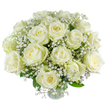 Creamy white roses unfurl in generous, velvety spirals, each petal catching a soft, early-morning light that gives the bouquet a luminous, almost moonlit glow. Interwoven between the roses are cloud-like sprays of gypsophila-tiny, lacey white blossoms that float around the larger blooms like gentle halos. The palest green of the foliage peeks through, grounding the composition with fresh, leafy texture that contrasts the satin-smooth petals. Up close you can imagine the faint, sweet scent rising from the roses, subtle and comforting rather than overpowering, while the baby's breath adds a whisper of powdery green that softens every edge. The arrangement is balanced and airy, the stems likely hand-curated and angled so each rose reads as an individual yet part of a serene whole, a design choice familiar to florists who work across Brent Cross and the surrounding NW4 neighbourhoods. It's a bouquet that reads as quiet dignity-perfect for an intimate anniversary, a refined bridal table, or a sympathetic gesture that honours presence without fanfare. The overall mood is one of calm reassurance: generous abundance rendered with restraint, every petal and spray positioned to invite quiet reflection and tactile curiosity. For someone unable to see the photo, picture a handful of soft, cloud-coloured roses resting against a scattering of tiny white stars, held together with careful craftsmanship and a gently sober grace suitable for moments that call for both beauty and thoughtfulness.