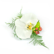 A delicate wrist corsage or lapel boutonniere captured on a crisp white backdrop, the design built around a single pristine white Phalaenopsis orchid whose broad, satiny petals unfold like soft porcelain. The orchid's throat reveals a whisper of warm yellow and pale gold with faint brown freckling, lending a gentle, sun-warmed glow at the bloom's centre. Surrounding it, feathery asparagus fern fans out in pale spring green, its fine fronds offering an airy, tulle-like contrast to the orchid's smooth surface and creating graceful movement that flows leftward and down. Small clusters of glossy, reddish-pink hypericum berries sit to the right, their rounded forms catching light and adding a cheerful, garden-fresh punctuation. A compact, lime-green chrysanthemum or similar filler nestles beside the berries, its textured, almost succulent surface lifting the palette into lively green notes. The composition reads as expertly balanced and intentionally asymmetrical - compact enough to pin on a lapel, gentle enough to rest on a wrist - with negative space that breathes like open air. Soft studio lighting heightens the orchid's waxy sheen and the fern's delicate shadows, while the white background keeps every texture and hue crisp and readable. Imagine this piece worn at a spring wedding along Cricklewood or handed to a prom guest after a neighbourhood ceremony; the scent is faintly green and fresh from the foliage rather than strongly floral. This piece speaks of quiet refinement and tactile luxury, an understated floral accent designed to be noticed up close and remembered for its simple elegance.