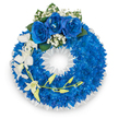 A vibrant, meticulously constructed circular wreath sits against a bright white backdrop, its design immediately defined by a dense, plush ring of vivid electric-blue chrysanthemums that create a velvet-like texture across the whole form. The blue blooms are packed closely, petal against petal, so the circle reads as a saturated, luminous field of colour. Crowning the top are three large royal blue roses, their velvety petals unfurled in full bloom and gently nestling against tiny clusters of white baby's breath, which soften the intensity with feathery halos of white. Deep green leaves peek through the roses, adding a quiet, natural contrast.
From the left side a graceful spray of pristine white orchids-likely Phalaenopsis with broad, open petals-cascades downwards, introducing slender lines that break the wreath's circular geometry and convey movement and delicate resilience. A slender, curving stem studded with pale yellow-green buds threads among the orchids, hinting at new life and unfolding beauty. The wreath's inner edge is neatly finished with a ruffled white satin ribbon, its crisp sheen framing the central opening and lending a formal, respectful edge. Soft, clean lighting highlights the electric blues and the satin sheen, while a subtle floral scent of chrysanthemum and orchid suggests a quiet, contemplative atmosphere. This arrangement carries the language of remembrance-serene blues, pure whites, and considered textures-suitable for a funeral or memorial service and crafted with the careful attention of a local Brent Cross florist familiar with the neighbourhood's needs for dignity and comfort.