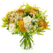 Photographed upright against a clean white background, this vibrant bouquet feels like a warm breath of early autumn drifting through Brent Cross. The arrangement forms a generous dome, rich with large chrysanthemums in warm hues of golden yellow, deep orange, and burnished brown, their fine, spiky petals packed densely to create an almost plush appearance. These textured blooms are balanced beautifully by several creamy white roses, whose velvety petals open in gentle spirals, offering a serene, classic counterpoint to the boldness of the chrysanthemums. Bringing a unique flair, vivid yellow-orange celosia cockscomb blooms nestle within the foliage, their velvety, coral-like ridges and brain-like curves drawing the eye with sculptural interest. Scattered among the larger flowers are numerous small, white daisy-like blossoms with bright yellow centres that evoke chamomile or matricaria, giving the bouquet a softly rustic, garden-gathered charm, as if picked from a hidden patch of wildflowers near Brent Cross's quieter streets. Surrounding and supporting the main blooms, fine plumes of lime-green solidago and lush greenery add volume, freshness, and movement, their feathery textures framing the warmer tones and preventing the design from feeling heavy. The stems are left long and clearly visible, neatly tied at the base with green florist's tape, underlining the bouquet's hand-tied, florist-crafted nature. Consistent, bright lighting illuminates every petal and leaf, highlighting the interplay of textures and colours. The mood conveyed is warm, welcoming, and quietly joyful, making this arrangement a fitting choice for autumn birthdays, thoughtful get-well wishes, or simply adding a touch of seasonal colour to homes and businesses around Brent Cross.