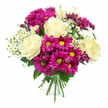 Against a flawless white background, a joyful hand-tied bouquet bursts with colour and soft, layered textures, as though freshly prepared for delivery around Brent Cross. In the centre, several fully bloomed roses in creamy white and pale buttery yellow tones form a serene focal point, their velvety petals spiralling gently inward and outward, suggesting both elegance and comfort. Encircling the roses, bright fuchsia-magenta chrysanthemums cluster together, their daisy-like heads crowned with luminous yellow-green centres that introduce a lively, almost playful energy. Here and there, smaller chrysanthemum buds in a more intense purple-pink shade peek between the open blooms, giving the design depth and a subtle sense of movement. Threaded lightly through the arrangement, delicate sprays of tiny white daisy-style flowers, similar to chamomile, bring a countryside softness; each miniature bloom with its yellow centre helps to balance the stronger tones and evokes the feel of wildflowers on the edges of local parks and gardens around Brent Cross. A lush collar of mixed greenery, from classic rose leaves to broader chrysanthemum foliage, cradles the flowers, its rich greens making the creams and magentas appear even more vivid. At the base, the stems are drawn together neatly and wrapped with a green and white checkered ribbon, the tidy binding and cheerful pattern hinting at the careful hands of a local florist at Brent Cross Flowers. Soft, even light washes over the bouquet, minimising harsh shadows and accentuating each petal's curve, giving the whole piece a bright, uplifting character that suits birthdays, congratulations, or simply sending warm wishes to someone nearby.