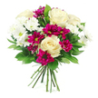 A beautifully balanced hand-tied bouquet is shown against a pure white background, the neutral setting drawing full attention to the harmony of colour and form. At the centre sit several large creamy white roses, fully open yet still structured, their smooth petals folding over one another in elegant spirals that evoke calm and classic romance. Nestled around them are clusters of white spray chrysanthemums, with numerous fine petals radiating from soft greenish centres, adding a light, feathery texture and a feeling of freshness, as if a cool breeze has passed through the arrangement. Cutting through these gentle tones are rich magenta spray chrysanthemums, their deep fuchsia petals forming dense, rounded heads that bring depth and vibrancy, like splashes of colour along the streets leading toward Brent Cross Underground station. The flowers are interlaced with abundant dark green foliage, likely Ruscus or Salal, whose glossy leaves curve naturally around the blooms, providing contrast and a luxurious, garden-like frame. The stems are gathered tightly and bound near the bottom, revealing a professional finish that suggests this bouquet has just been hand-crafted in a local Brent Cross florist's studio, ready for same-day delivery. The lighting is bright and even, making every petal and leaf look crisp and freshly cut. The overall impression is one of joyful refinement and sincere affection, ideal for celebrating milestones, offering thanks, or simply bringing a touch of living beauty into a home near Clitterhouse Playing Fields or along the residential streets surrounding Brent Cross.