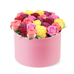 In the Brent Cross area, a luxurious floral creation sits within a round pastel pink hat box, photographed against a crisp white background that makes every petal glow. The box's surface feels velvet-soft, like fine fabric wrapped around a precious secret, announcing premium presentation from the moment you glimpse it. From the top, dozens of freshly bloomed roses spill over in a lush, domed bouquet, their petals arranged in tight spirals that speak of expert care. The blooms span a dazzling spectrum: deep crimson red, rich magenta, bright sunny yellow, playful bubblegum pink, and delicate bi-color roses that drift from soft pink to creamy white. Each rose appears perfectly formed, with satin-smooth petals that whisper of peak freshness. The arrangement is densely packed, creating a full, opulent silhouette, while only a whisper of green foliage peeks through to frame the colours and emphasise the floral symphony.

This elegant rose box reads as a thoughtful gift for celebrations, romance, heartfelt thanks, or luxury gifting, and it makes a striking feature for features on premium flower delivery or special-occasion bouquets. The packaging and colour story invite a sense of refined luxury, making it equally at home on a pedestal for a Valentine's Day surprise or a Mother's Day treat. For readers in Brent Cross and nearby NW4 neighborhoods, this design is a reminder that same-day delivery is possible to doorsteps along Finchley Road, Cricklewood Broadway, or Golders Green, turning a moment into memory. The composition invites the senses: the soft texture of the box, the warmth of the colour palette, and the light, clean fragrance of roses that lingers just enough to feel intimate without overpowering a room. It's a versatile image that supports articles about premium flower delivery, curated bouquets, or tips for selecting a dramatic mixed rose arrangement.