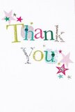 A bright thank-you card laid on pristine white paper that feels almost like a breath of summer - the phrase 'Thank You' parades across the front in individual letters, each its own celebration: lime green, fuchsia, cool sky blue, and a soft silver that seems to catch the light. Some letters are smooth blocks of colour while others wear tiny polka dots or delicate stitched flourishes, suggesting the care of a handcrafted finish. Around the words, clusters of little stars - in magenta, teal and a whisper of gold - drift as if scattered like confetti after a small, joyful gathering. The background stays deliberately spotless, letting each hue and sparkle read clearly against the white space. In the way a bouquet's ribbon completes an arrangement, this card's textures - the faint glimmer of silver, the embroidered-looking strokes, the playful mix of patterns - offer a tactile promise of warmth when held. I picture it tucked beside a bright hand-tied bouquet, the colours echoing gerberas or ranunculus, a companion to the scent of fresh stems. The overall mood is lighthearted and sincere, like the moment after a neighbour helps with the bins or a friend brings tea: uncomplicated gratitude, given with a twinkle. As a florist familiar with Brent Cross and nearby Gladstone Park, I know this kind of card lands well with local customers - it reads as both joyful and genuine, perfect for slipping into an order to say thanks in a way that feels personal and a little festive.
