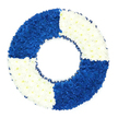 A symbolic funeral wreath in the shape of a lifebuoy is shown against a pure white background, its circular form and clean design inviting a quiet, contemplative gaze. The wreath's structure is entirely hidden beneath a dense blanket of small, carefully placed blooms, likely chrysanthemums, whose close-knit petals form a continuous surface with gentle undulations and a soft, tactile look. The circle is divided into four equal quadrants, alternating between a rich, royal blue and a fresh, radiant white, recalling the familiar pattern of a safety ring used on boats and by the water, even though this piece feels very much at home in an urban setting like Brent Cross. The blue quarters, at the top left and bottom right, are composed of intense, dark-toned flowers that provide depth and gravity, like a calm sea at dusk. The white quarters, in the top right and bottom left, are filled with bright, immaculate blossoms that brighten the composition, adding a feeling of peace, remembrance, and gentle hope. Along the inner edge of the ring, a narrow dark blue ribbon has been artfully ruffled, tracing the full circle with delicate folds and reinforcing the nautical theme in a subtle, refined way. The central opening is left empty and well-defined, emphasizing the lifebuoy outline and the sense of a protective ring or lifeline offered in farewell. This design is particularly meaningful as a sympathy tribute for those connected with maritime life, rescue work, or anyone remembered for their steady, supportive nature, making it a thoughtful choice for funeral services in and around Brent Cross where a symbolic, seafaring touch feels appropriate.