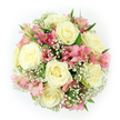 Seen from above on a bright white background, this bouquet appears as a smooth, rounded mound of petals where creamy whites and soft pinks blend in a serene, romantic composition. Dominating the design are several large roses in ivory and pale cream, each one fully open, the petals layering in soft spirals that draw the eye inward and suggest a plush, velvety touch. Between these classic blooms, sprays of pink alstroemeria stretch out, their petals slender and slightly ruffled at the tips, with darker pink streaks and delicate specks running toward centres tinged with peach and light red. These lilies add a playful yet graceful rhythm, their star-like shapes contrasting beautifully with the rounded roses. Enveloping all of the larger flowers is a generous halo of baby's breath; hundreds of tiny white blossoms gather on fine stems, creating an airy, cloud-like frame that softens edges and makes the arrangement feel light and ethereal. Here and there, deep, cool green leaves peek through, grounding the pastel palette and hinting at fresh stems trimmed in a Brent Cross studio not far from the shopping centre and nearby residential streets. The bouquet is carefully sculpted into a symmetrical dome, with each bloom facing upward so that the viewer sees a continuous, unbroken surface of petals. The gentle, even lighting emphasises subtle curves and shadows, enhancing texture without overwhelming the delicate colours. With its refined mix of ivory, white, blush pink, and peach undertones, the bouquet is perfectly suited for North London occasions-an intimate wedding, a birthday surprise for someone in Brent Cross or Finchley, or a tender message of support-carrying quiet elegance and emotional warmth in every carefully placed flower.