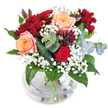 This arrangement, a vision of contemporary elegance, brims with energy and sophistication reflective of Brent Cross's vibrant community. The main attraction: softly spiralled apricot roses whose luminous petals create a focal point as warm as a summer morning in Golders Green. A deep, plush red rose nestles below, accentuated by a charismatic gathering of burgundy chrysanthemums, their petals plush and rich, promising texture and drama. Drifts of delicate white gypsophila weave through, imparting a dreamy, airy softness that brightens and balances the deeper shades. The bouquet is anchored by glossy dark green leaves, reminiscent of the lush green spaces scattered throughout NW4, while rounded eucalyptus sprigs add a silvery-blue gleam and a gentle, invigorating scent. An artful touch comes from a cluster of plum-tinged, succulent-like foliage, which stands out against the rest and adds intrigue. All are gathered in a gently rounded glass vase, where water shimmers, stems crisscross organically, and the composition radiates joyful purpose. This bouquet, perfect for elevating birthday gatherings, marking personal achievements, or infusing a Brent Cross home with a touch of local floral artistry, truly embodies the refined warmth of the neighbourhood.