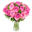 A vibrant, lush bouquet of roughly two dozen freshly cut pink roses, assembled into a full, rounded dome and photographed against a spotless white backdrop. Each rose shows a delicate ombré of colour: deeper fuchsia and magenta tones nestle at the tightly furled centers while petals unfurl outward into softer blush pinks and occasional creamy-white highlights along the outer edges. The blooms sit closely together so the individual spirals of each head read as a single, opulent mass, while glossy dark-green leaves peek between and beneath the flowers to add contrast, structure and a natural sense of depth. The arrangement is presented in a clear curved glass vase that narrows slightly at the waist, through which neatly trimmed green stems are visible, submerged in clear water that catches bright, even studio light and lends a sense of freshness and coolness. Under that gentle lighting every velvety petal curve and faint highlight is revealed, suggesting the tactile, satiny texture of garden roses and the soft, sweet perfume that seems to hover above the bouquet. Emotionally the composition reads as classic romance and joyful abundance - an elegant choice for anniversaries, Mother's Day, birthdays or simply to say I love you. Described here by a local florist with an eye for refined simplicity, the arrangement evokes the quiet confidence of blooms arranged for a Brent Cross home or a thoughtful gift collected after a morning at the nearby shopping centre, ready to bring colour, scent and warmth into a living room or dining table.