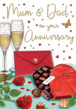 The illustrated anniversary card presents a scene that could easily be imagined set on a polished table in a Brent Cross home, carefully laid out to honour Mum and Dad with all the classic symbols of love and celebration. In the foreground, rich red roses lie gracefully, their tightly layered petals drawn with such care that every fold feels soft and velvety, framed by deep green foliage that suggests freshness and a florist's steady hand, much like a bouquet arranged near the busy streets around Brent Cross station. Nestled to the side is a heart-shaped box of chocolates, the lid a vivid, romantic red crowned with a large, flowing bow that ripples out over the edges. The box is delicately opened to reveal an inviting selection of chocolates, each illustrated with its own pattern and sheen, hinting at different flavours and textures waiting to be shared. Just behind, two slender champagne flutes stand side by side, their tall, clear stems catching reflections, the bowls filled with effervescent golden fizz. Tiny bubbles climb through the liquid, capturing that expectant pause just before the glasses clink together in a toast. The background is scattered with floating gold and crimson hearts, softly framing the elegantly scripted Mum & Dad greeting at the top of the card, adding a playful and affectionate tone. A bold red envelope lies nearby, its flap neatly sealed, quietly suggesting an intimate, handwritten message filled with gratitude, shared memories, and gentle humour, perhaps written after an evening stroll through local streets near Hendon Way. Overall, the image radiates warmth, romance, and the comforting joy of celebrating another year of marriage in Brent Cross.